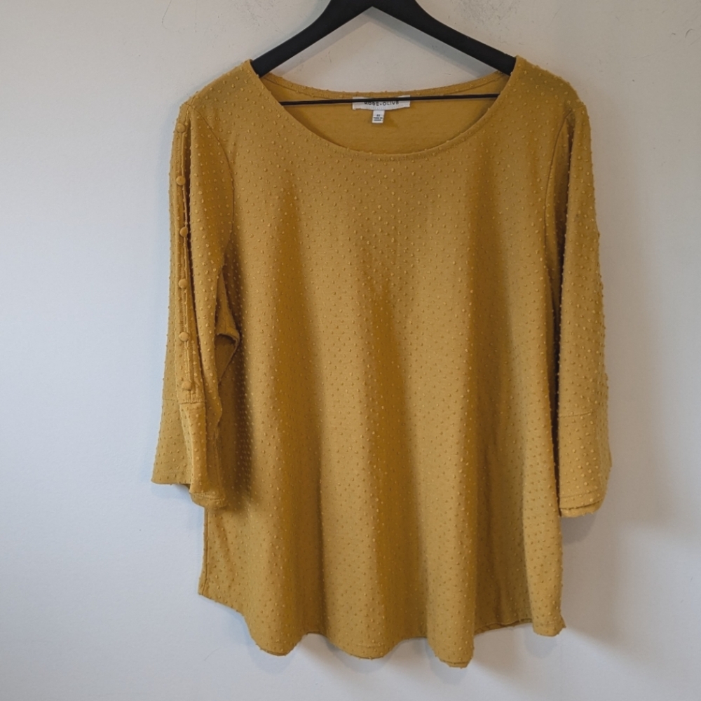 Rose + Olive Mustard Yellow Swiss Dot Button Detail Bell Sleeve Blouse Shirt 2X
